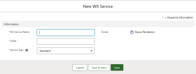 Screenshot showing the New WX Service dialog, all fields empty